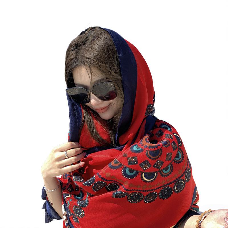 Summer cotton and linen feel scarf travel silk scarf sun protection air conditioner large shawl women's beach towel ethnic style scarf