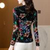 Mesh Printed T-shirt for Women's Autumn Fashion Elastic Slim Fit Top Long Sleeved Western-style Anti-aging Shirt T-Shirts Women’s