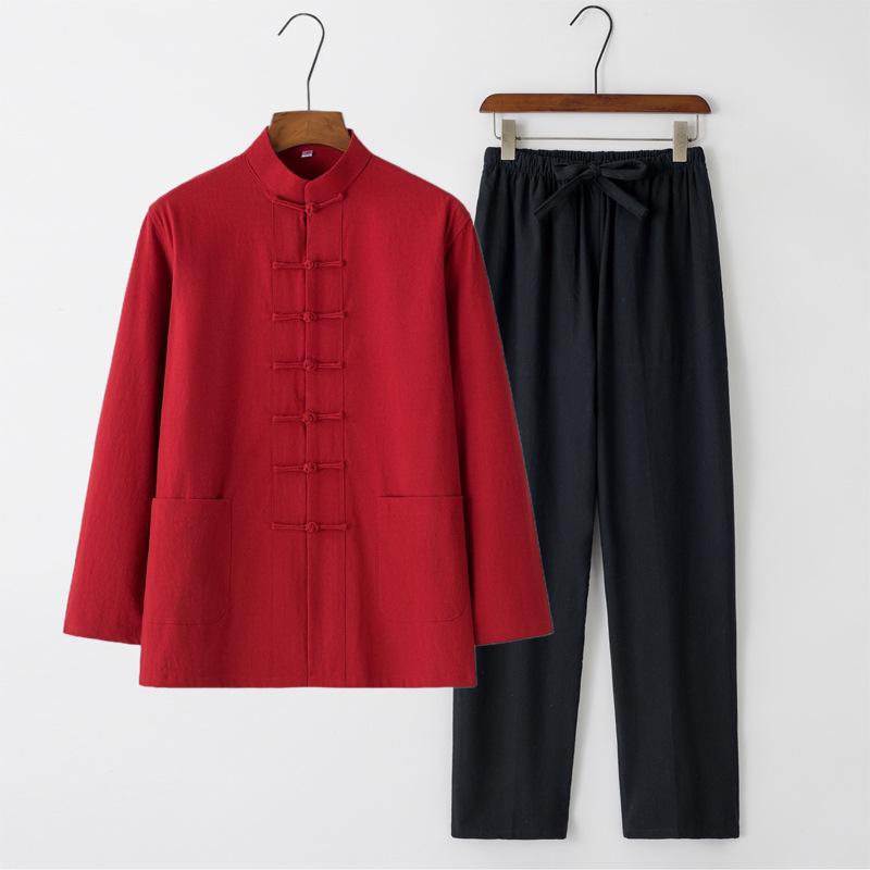 Men's Chinese Style Long-Sleeve Tang Suit Set with Frog Buttons - Retro Tea & Tai Chi Two-Piece