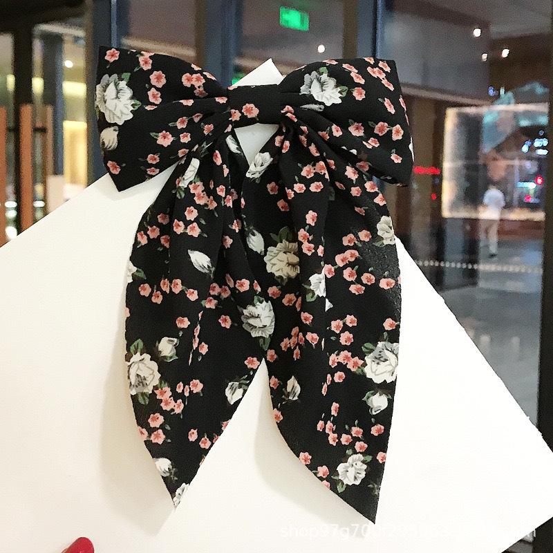 Women Solid Color Long Big Bow Long Float Satin Spring Clip Back Head Hair Clip Internet Red with The Same Temperament Elegant