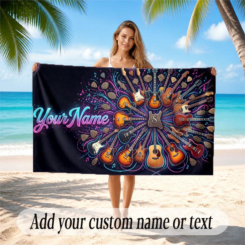 Music Guitar Theme Beach Towel Personalized Custom Name & Text Soft Quick Dry Beach Towel for Swimming Travel