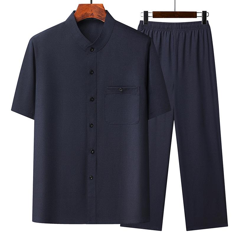 Летняя рубашка с коротким рукавом из ледяного шелка с воротником чжуншань для мужчин среднего и пожилого возраста – комплект в стиле тан для дедушки