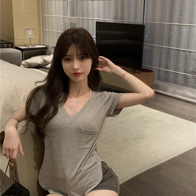 Women Spring Summer Solid Color Short Sleeve T-shirt V-Neck Pocket Slim Irregular Blouses Pullover Base Top M-XXL