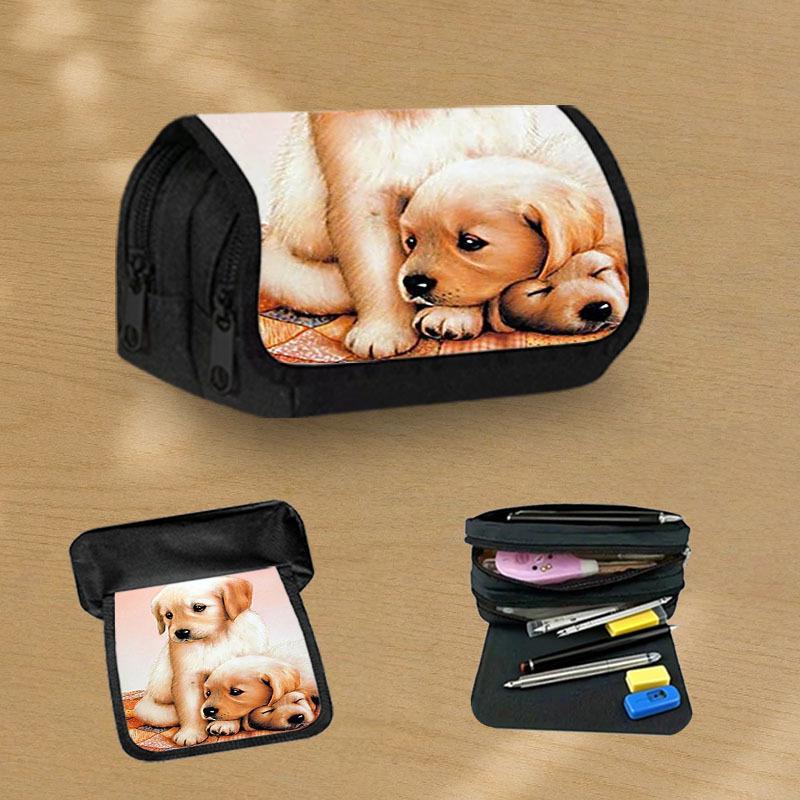 Large Pencil Case Featuring a Realistic Tan And Orange Puppy Design, Perfect for Students. This Spacious Pencil Bag Serves As an Organizer for Office