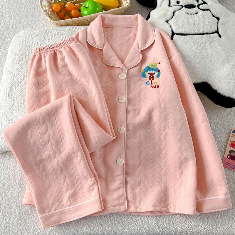 Air cotton pajamas women's autumn and winter interlayer warm long-sleeved suit cartoon embroidered loungewear real shot