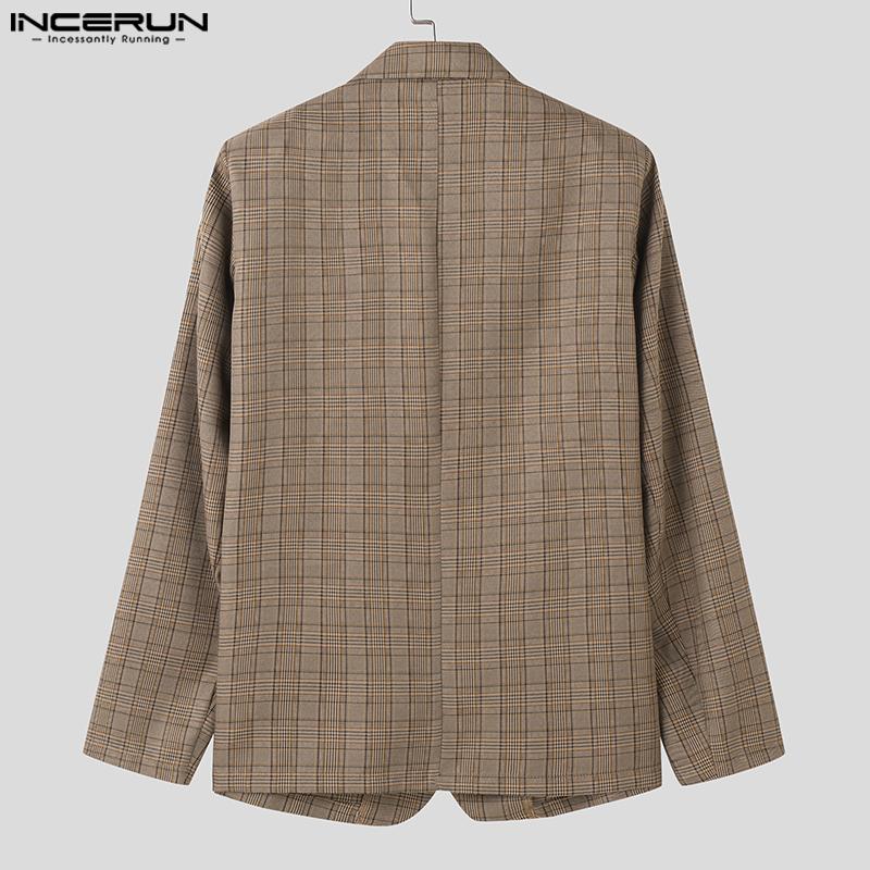 INCERUN Мужской пиджак с зазубренными лацканами и длинным рукавом в клетку, повседневный свободный пиджак