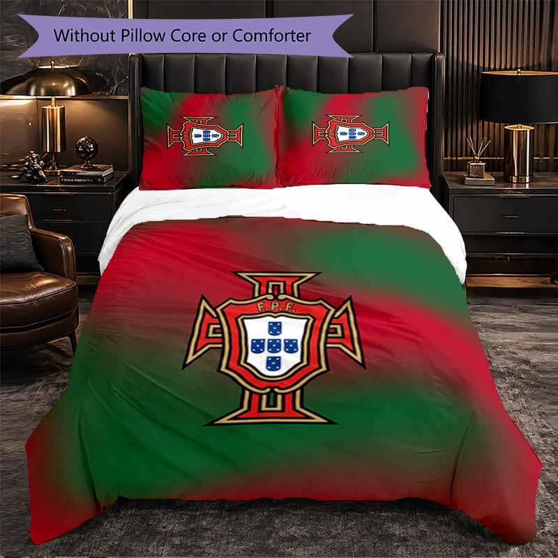 Portugal Football Pattern 3 Pieces Bedding Set Soft Microfiber Duvet Cover with Pillow Cases for Bedroom