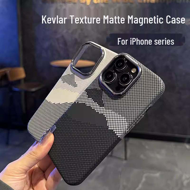 Kevlar Texture Magnetic Phone Case for Apple 17 Pro Max with Mountain & Starry River Design, Plaid Hard Protective for Apple 15