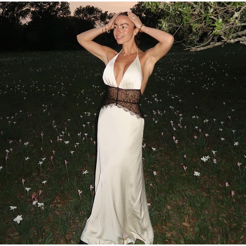 Женское платье с кружевной вставкой, на шее, пляжное, для путешествий, летнее, новый стиль, платье с подчеркнутой талией, темпераментное, длинное, без рукавов, облегающее