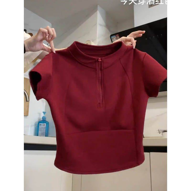 Женская футболка с коротким рукавом на молнии, черная однотонная, летняя, приталенного дизайна, до талии