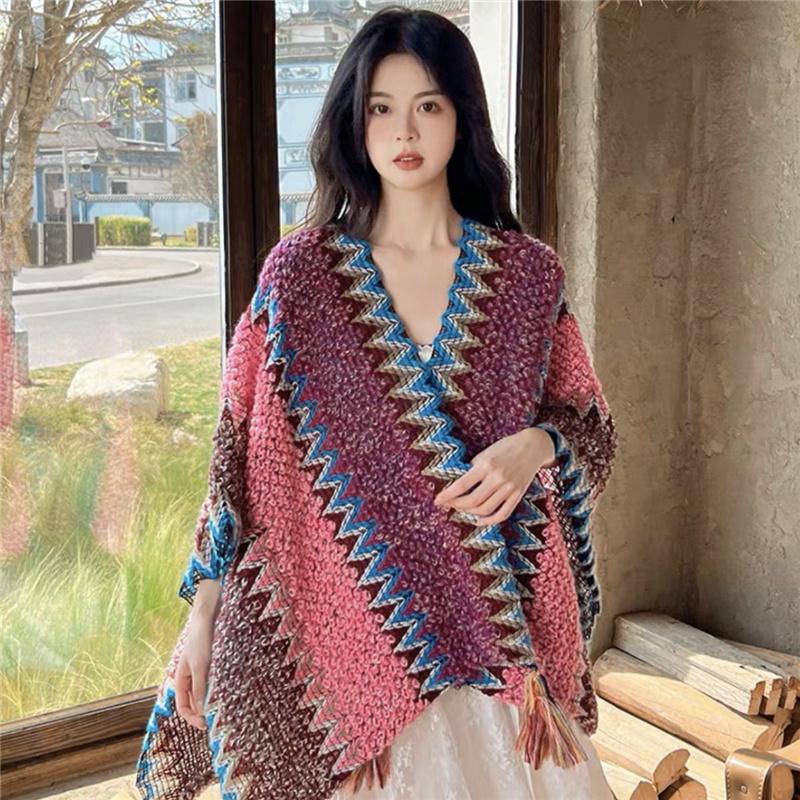 Ethnic Style Knitted Poncho Cape Vintage Bohemian Tassel Cloak Warm Shawl Travel Coat Cardigan Sweater