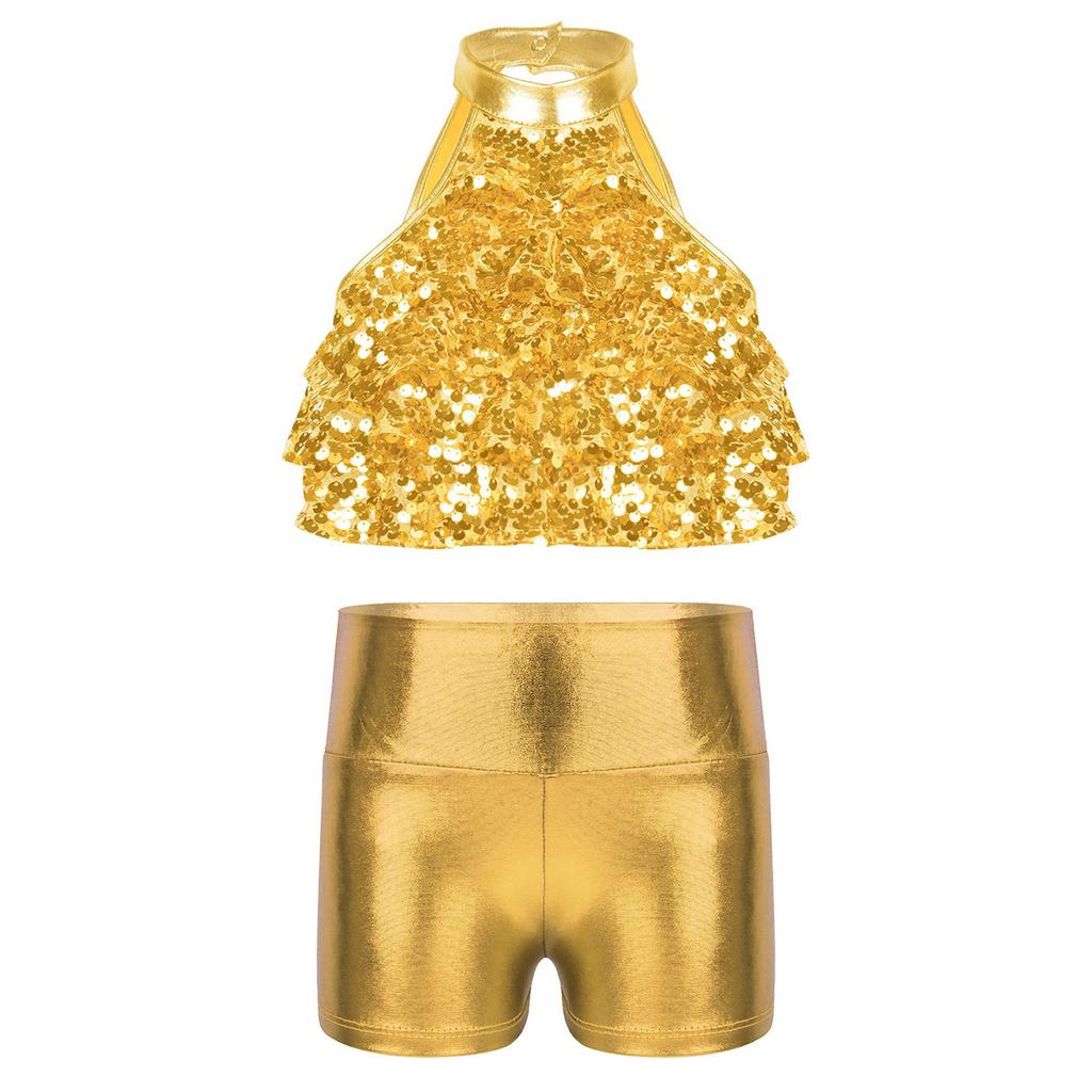 Girls Mock Neck Sleeveless Sequin Crop Top Tiered Shiny Metallic Shorts Stage Dance Outfit