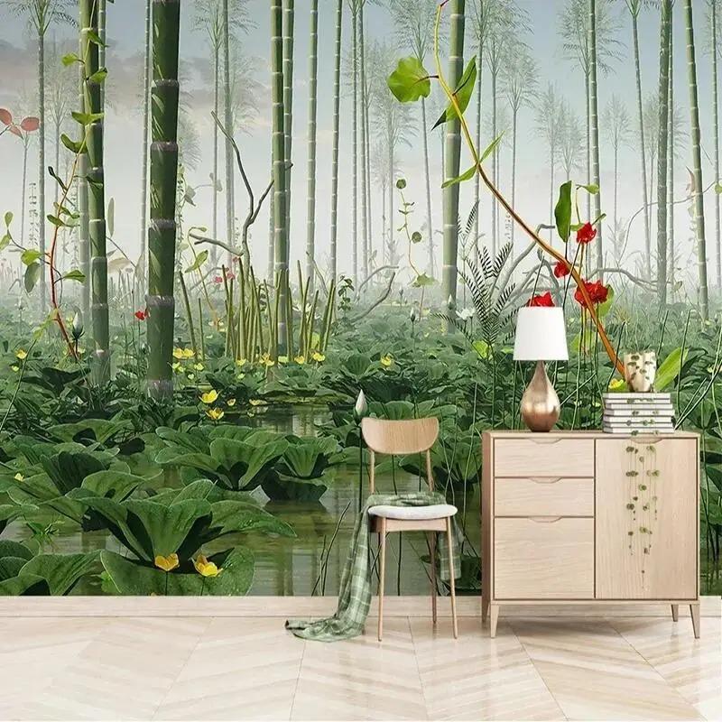 3d фотообои Лотос Бамбуковый Лес Пейзаж Фреска Гостиная Спальня Фон Обои