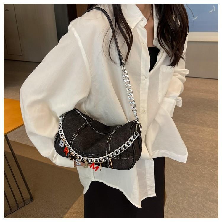 Ielgy Denim Canvas Underarm Bag French Chain Shoulder All-Match High-End Niche Dumpling Bag