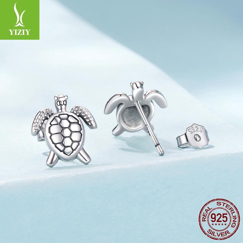 Personalized Turtle Plain Silver Stud Earrings For Men And Women Retro Texture S925 Sterling Silver Stud Earrings