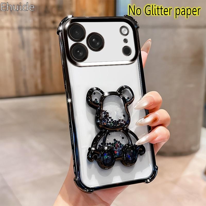 Ударопрочный Чехол для iPhone 17 Pro Max 16 14 13 12 11 15 Plus Air Блестки Медведь Подставка Держатель Роскошное Покрытие Прозрачная Крышка