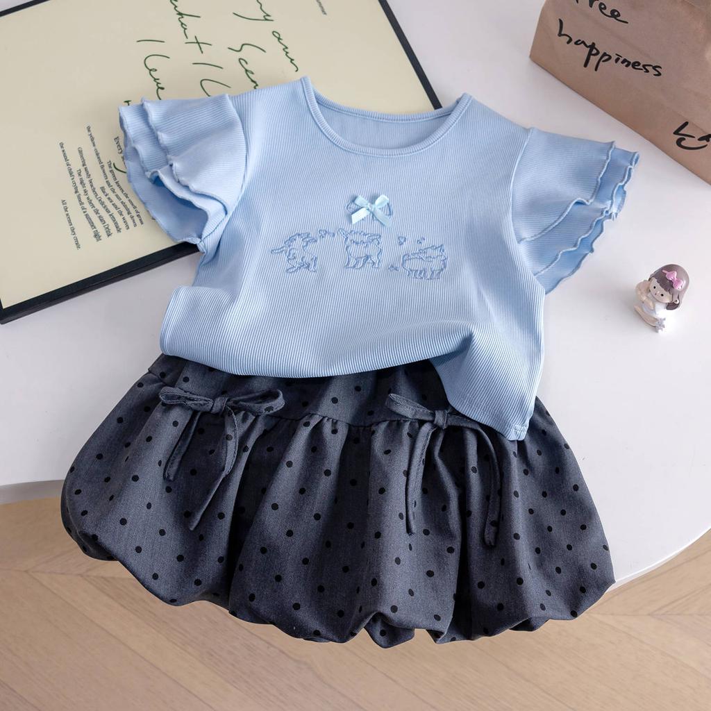 Girls Summer Blue Ruffled Short Sleeve T Shirt And Polka Dot Bloomer Shorts Two Piece Outfit Set