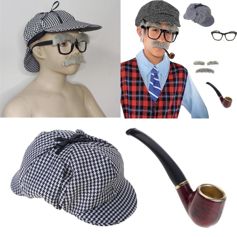 2 шт. Мужской костюм детектива Комплект костюма Трубка Черно-белая шляпа Аксессуары для костюма детектива для вечеринок на Хэллоуин