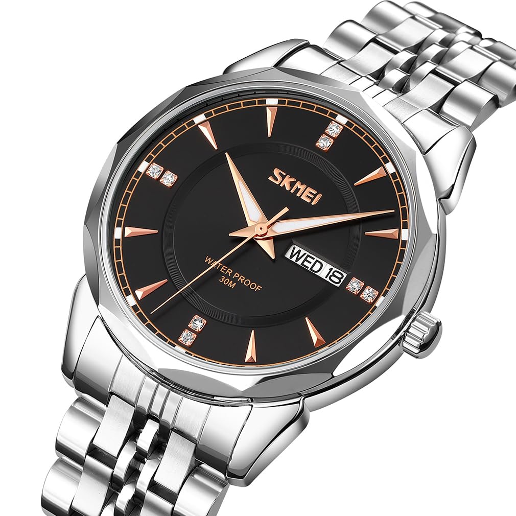 SKMEI Men's Watch Silver Stainless Steel Business Classic Wristwatch Gentleman Waterproof Analog Stylish Simple Date Day Luxury Gift Black