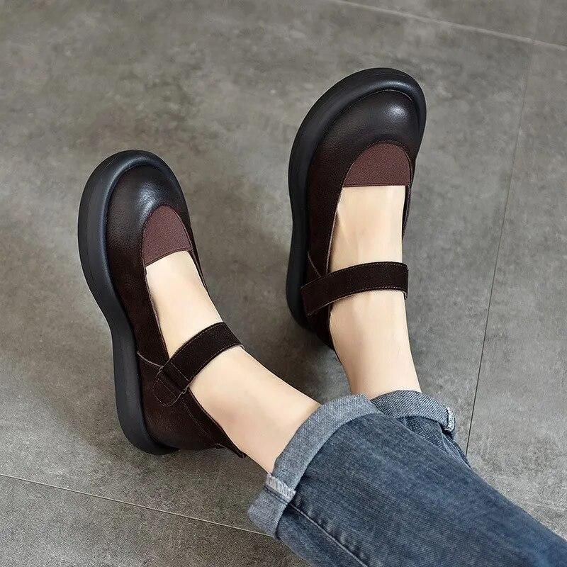 Johnature Shallow Genuine Leather Round Toe Thick Sole Flat Shoes Mary Jane Women's Shoes