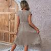 Women Summer Pleated Dress with Belt Round Neck Short Sleeve Medium Long