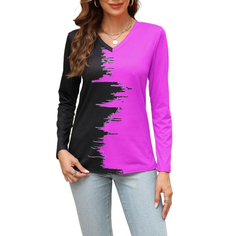 Весенне-осенняя женская блузка с v-образным вырезом и принтом, топ с длинными рукавами