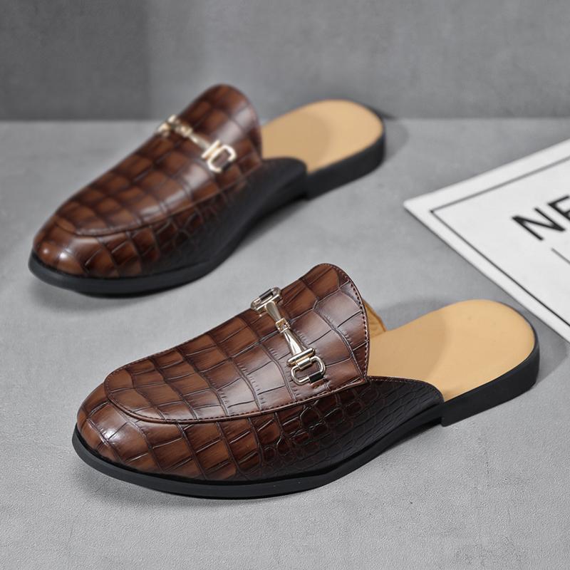 New Men's Crocodile Pattern Half Slippers Driving Shoes Casual Patent Leather Mules Moccasins Breathable Loafers Zapatos Hombre