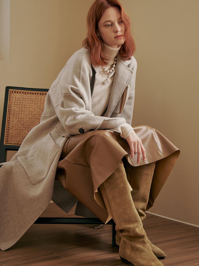 Maxza Handmade Wool Pocket Loose Fit Herringbone Long Coat