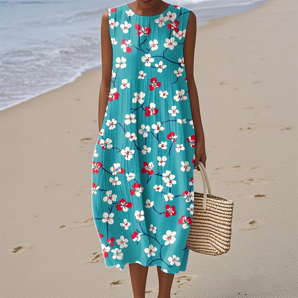 Women's Fashion Casual Sleeveless Round Neck Floral Elegant Temperament Dress