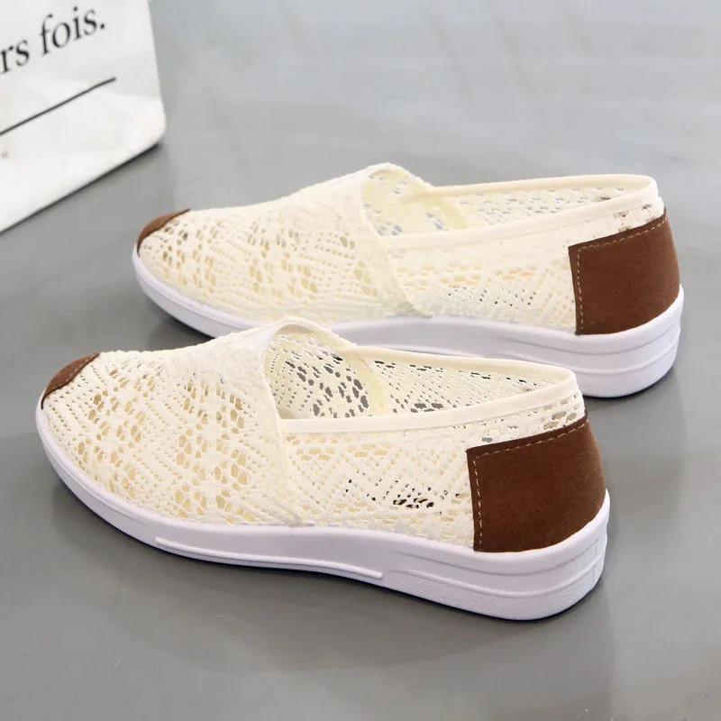 Летняя повседневная обувь на плоской подошве, женские дышащие белые кружевные рабочие туфли с открытыми отверстиями, тканевые туфли на плоской подошве, лоферы