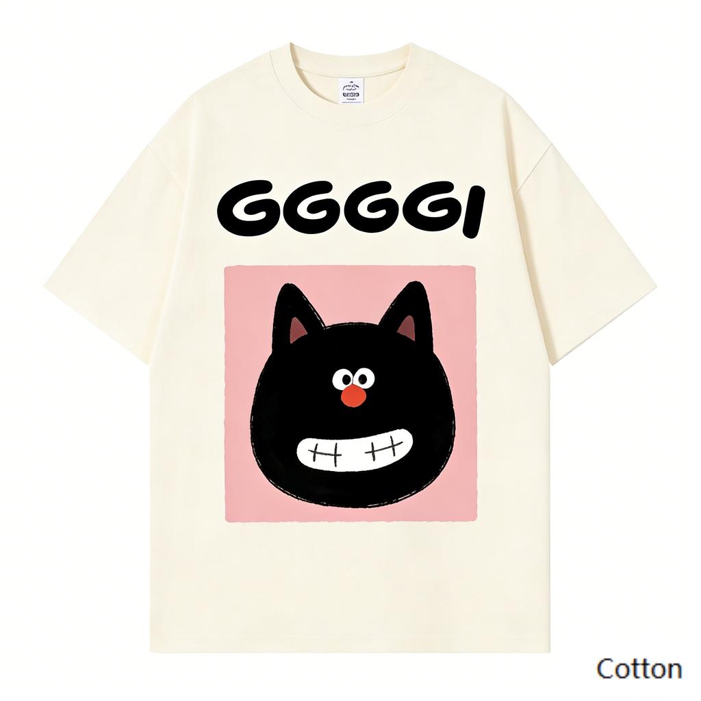 Luxury Brand GGGGGI Black Cat Print Cotton T-Shirt, Unisex Loose Fit Casual Tee, Versatile Daily Streetwear