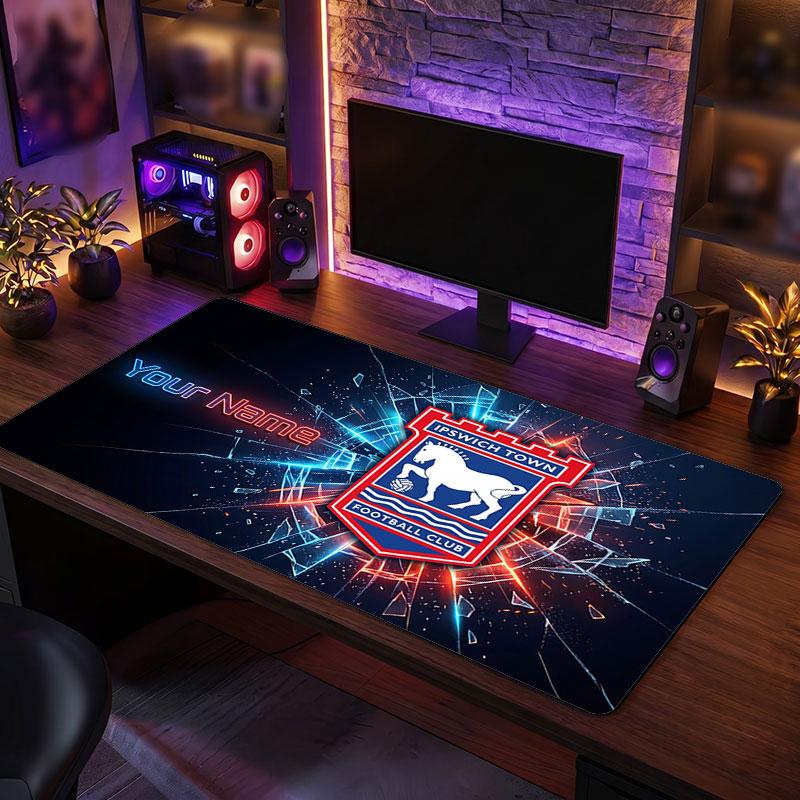 Ipswich Town Custom Large Mouse Pad, Personalized Name Text Print, Football Logo Non‑Slip Desk Mat Gaming Gift