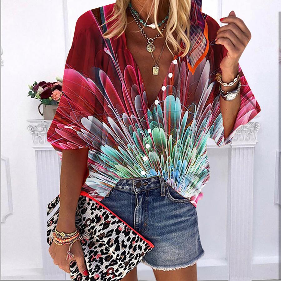 2023 Лето-Осень Новые модные женские топы с синими лепестками и принтом с половиной рукавом, повседневная рубашка больших размеров на пуговицах с объемными рукавами