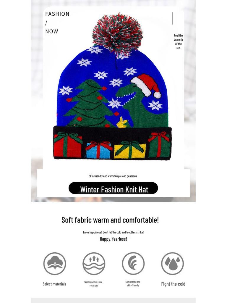 Festive Knitted Jacquard Pom-Pom Christmas Hat with Lights