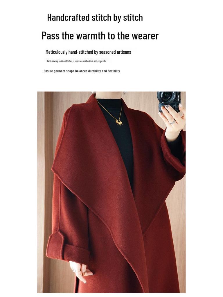 Women's Long Angora Red Double-Faced Cashmere Overcoat - 2025 Autumn/Winter Collection.