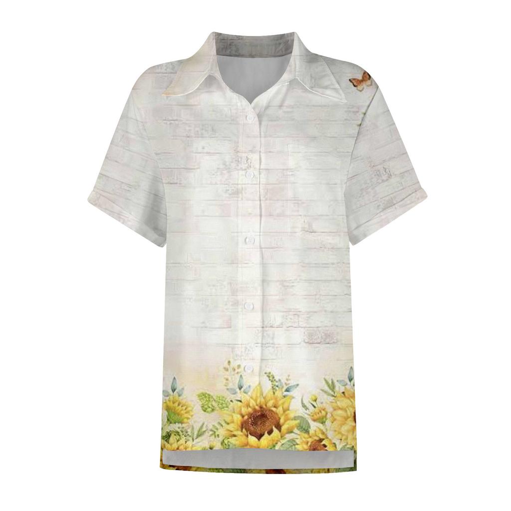 Женская модная свободная повседневная рубашка с коротким рукавом и отворотом на пуговицах, футболка с принтом, топ