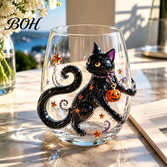 Modern Glass Tumbler Halloween Artisan Glassware, Stemless Drinking Glasses with Raised Pumpkin Ghost Black Cat Web Large Capacity Beverage