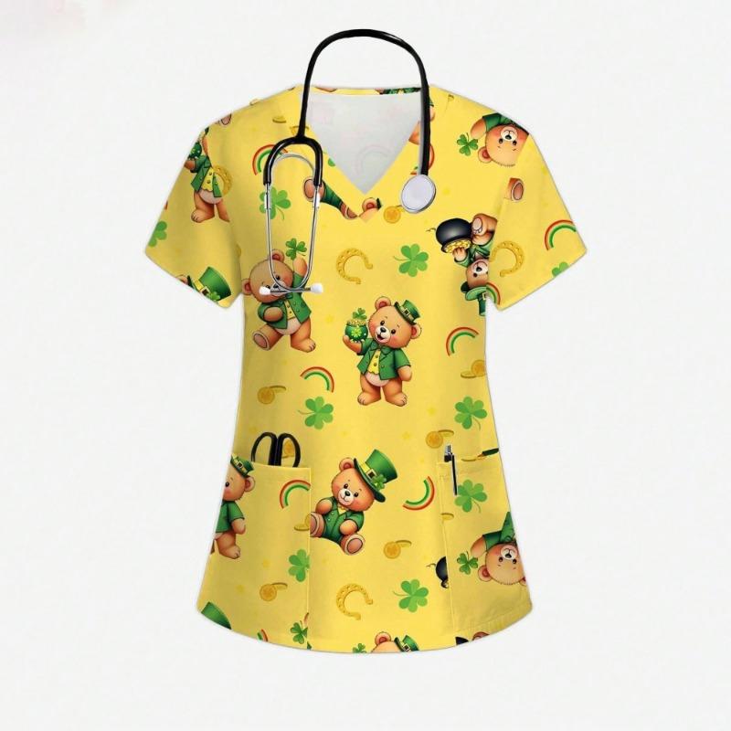 Cartoon Animal Nursing Scrubs Tops Women Nurse Uniform Women Fashion V-Neck Pocket Overalls Medical Uniforms Uniformes Woman