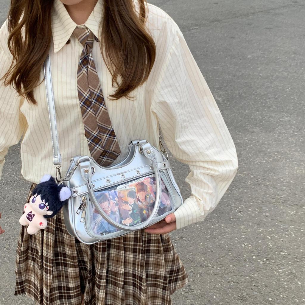 Japanese PU Leather Y2K Spicy Girl Ita Bag - Large Capacity Transparent Badge Crossbody for Students