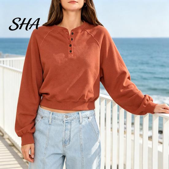 Henry Collar Shirt Women's Crew Neck Sweatshirt, Loose Pullover Long Sleeve Fit Sweatshirt Shirts, Oversized Button Up Casual Tunic Tops Women