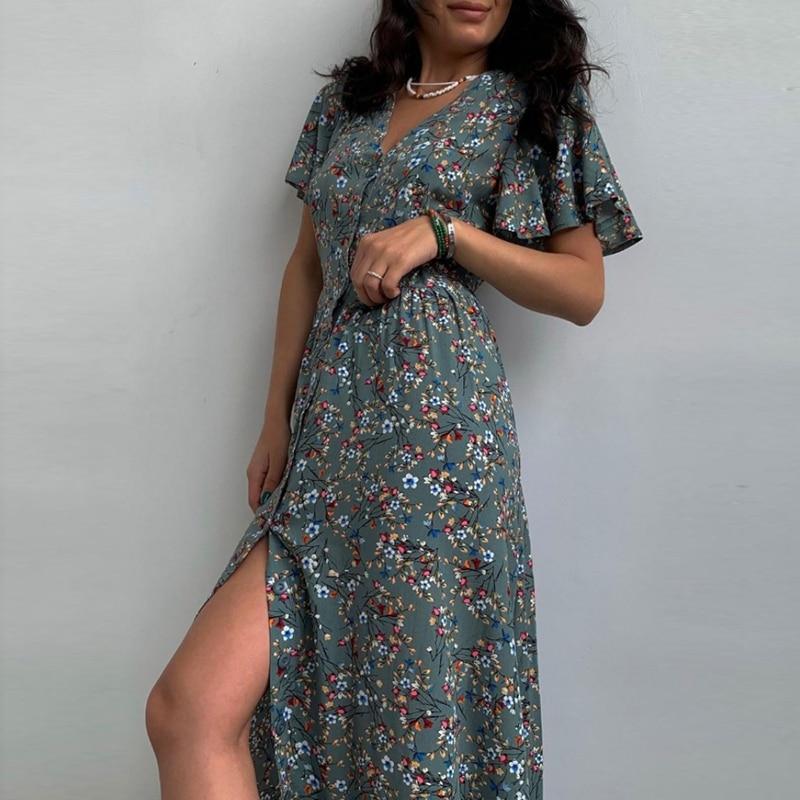 Summer Vintage Flower Printed Dress Women Elegant V-Neck Lace-up Womens Dress Fashion A Line Short Sleeve Dresses Vestido 28113