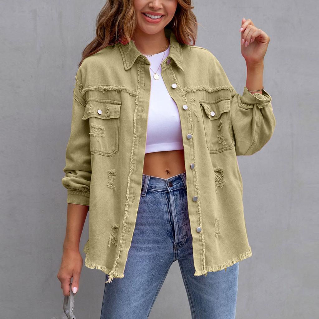 Женская джинсовая куртка, рубашки на пуговицах, потертое пальто с карманами