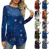 Womens Long Sleeve Round Neck Shirts Side Split Basic Loose  Christmas Print Casual Shirts