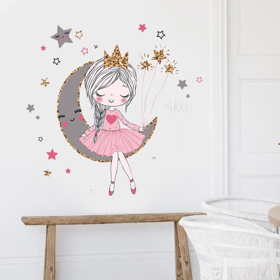 Наклейка на стену со звездой и луной для девочек, водостойкая самоклеящаяся ПВХ-наклейка, современная гостиная, детская спальня, настенное художественное украшение, наклейка
