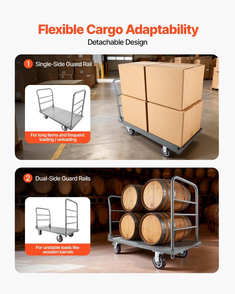 VEVOR Platform Truck, 2650 lbs Capacity, Heavy Duty Flatbed Cart Dolly with Detachable Guardrail and Swivel Wheels, Foldable Hand Push Truck Cart