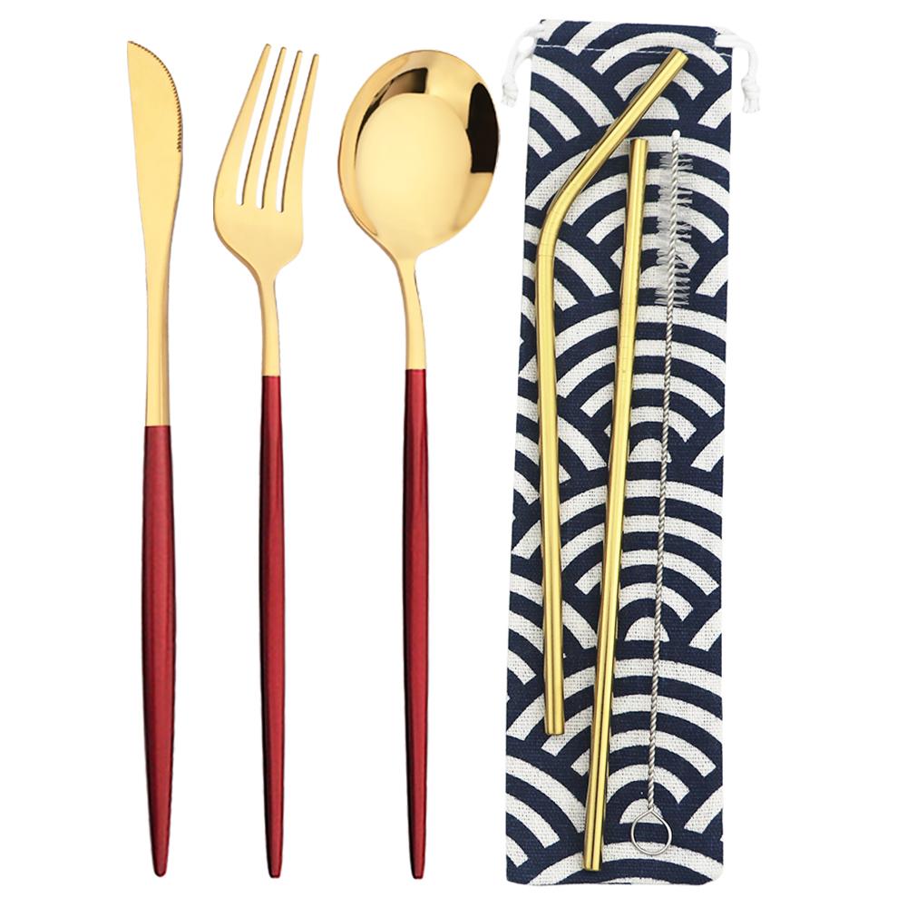 6 шт., набор столовых приборов для кемпинга, дорожный набор столовых приборов, нож, вилка, ложка, соломинка с портативной сумкой, набор посуды из нержавеющей стали