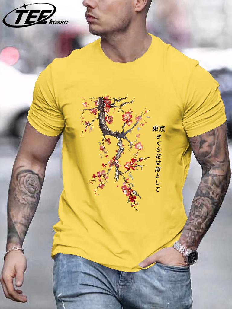 Cherry Blossoms And Rain In Tokyo Mens T Shirts Hip Hop AllMatch Tops Casual Cotton Retro Clothes Male Loose ONeck Streetwear