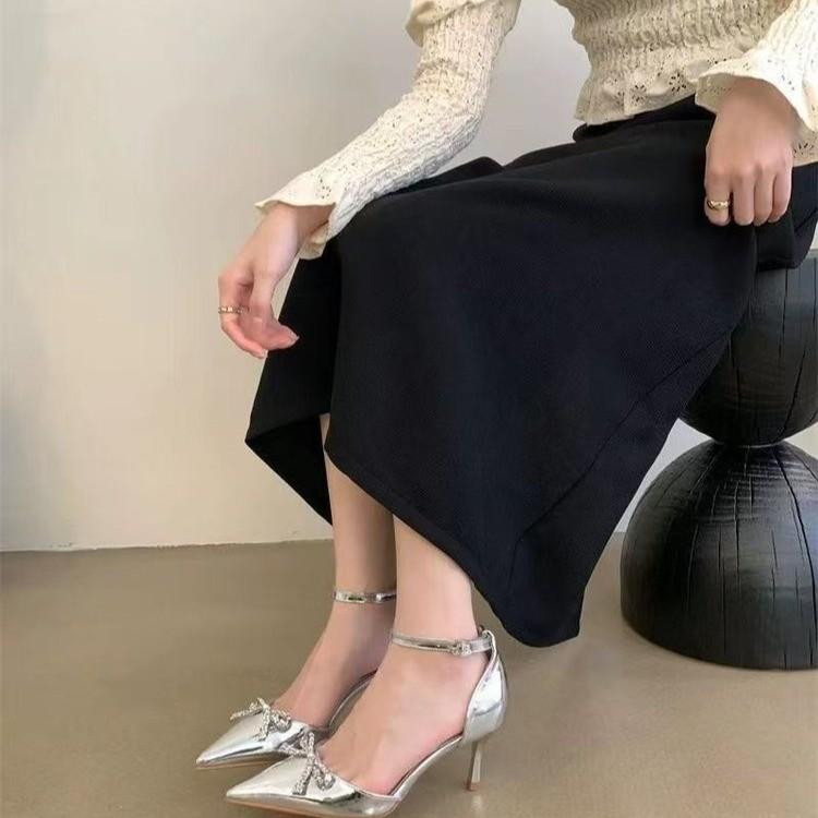 Fashion Women's Stiletto Sandals Spring New Pointy Head Shallow Mouth Rhinestone Butterfly Knot Anti-slip Wear-resistant High Heels