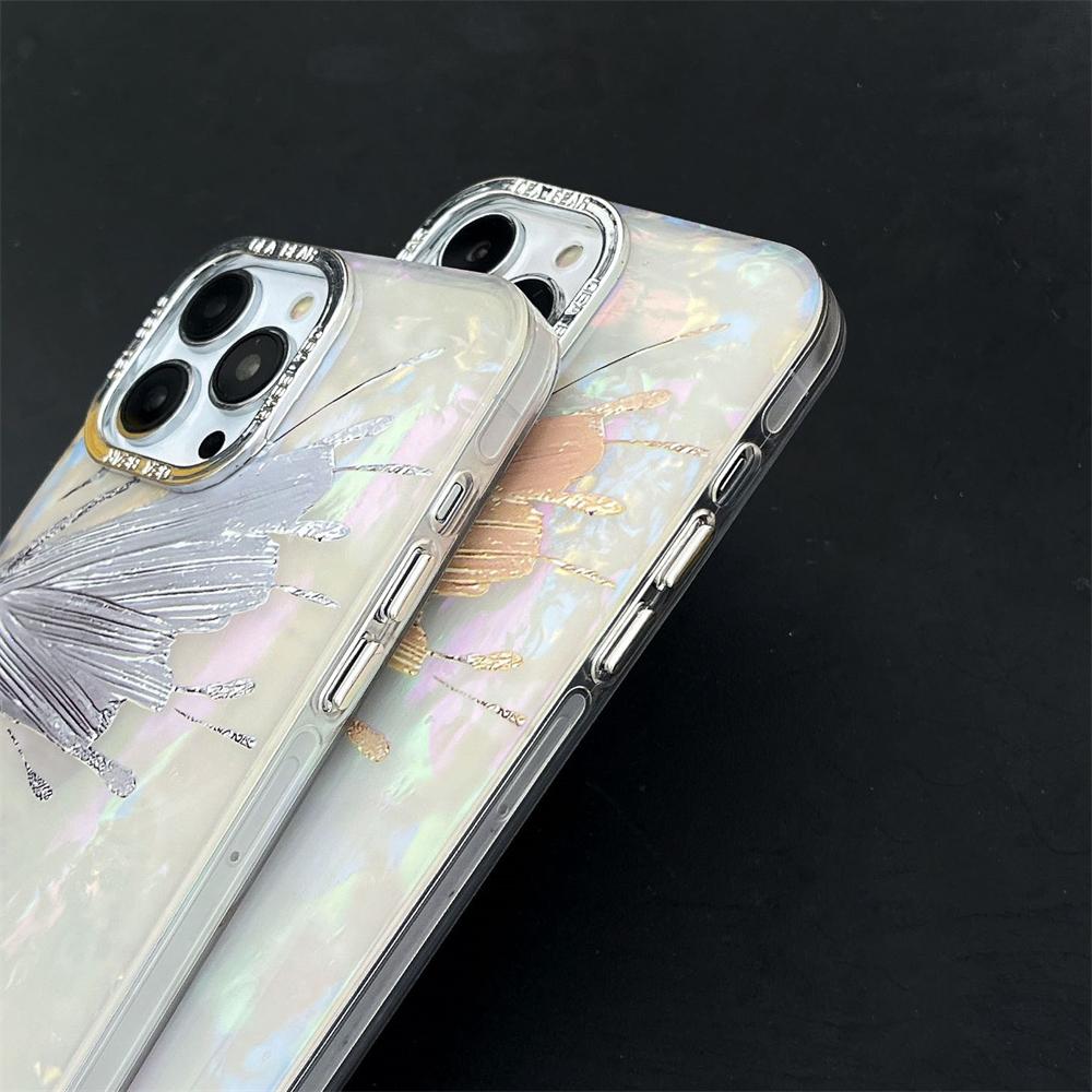 Korean Luxury Plating Glitter Butterfly Shell Pattern Phone Case For iPhone 15 14 13 12 Pro Max 11 Lens Protective Bumper Cover