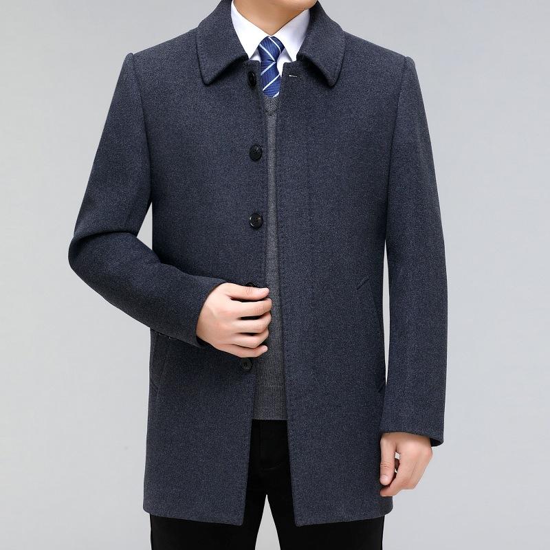 Middle-aged and Elderly Button Cashmere Coat Men's Medium-length Autumn and Winter Thickened Daddy Woolen Woolen Windbreaker Lapel Coat